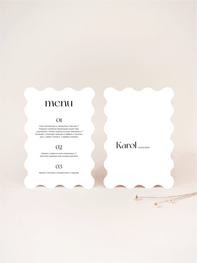 Minimalistyczne menu ślubne z winietką z kolekcji Wavy
