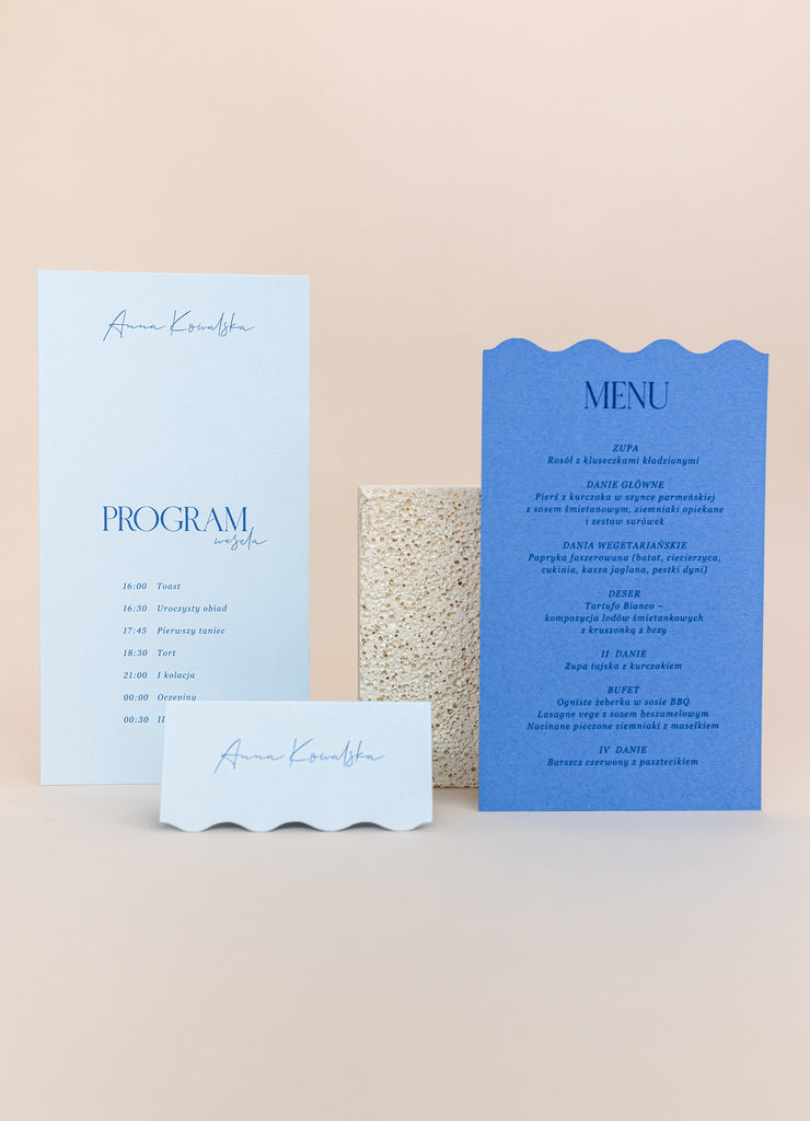 Niebieskie menu ślubne, winietka i program z kolekcji Santorini